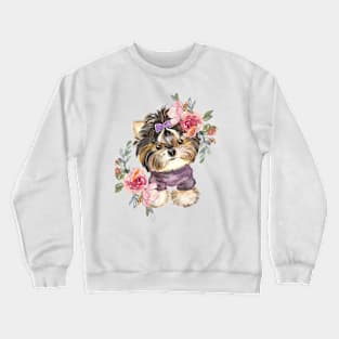 Cute Yorkshire Terrier Yorkie Puppy and Flowers Watercolor Art Crewneck Sweatshirt